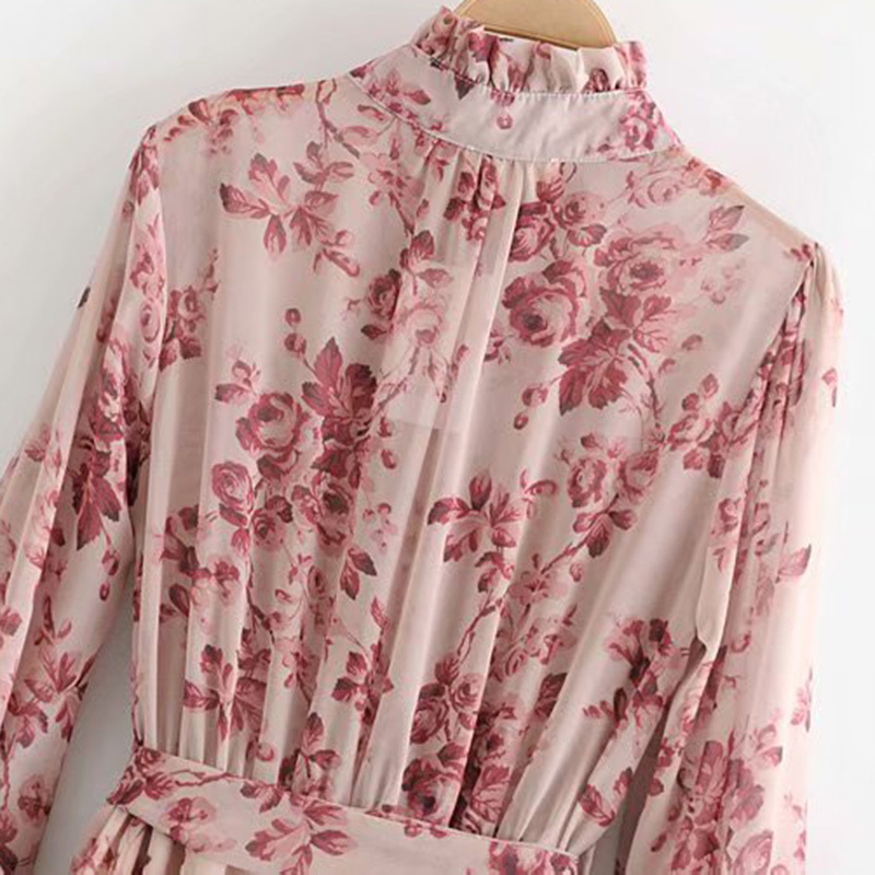 Vintage Floral Print Sashes Ruffled Pleated Dress Women 2020 Fashion Bow Tie Collar Long Sleeve Dresses Casual Vestidos Mujer LJ201204