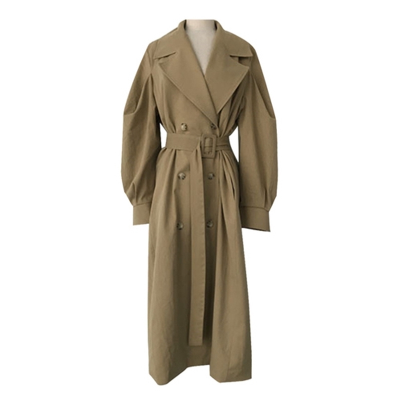 Spring Woman khaki Long Trench Coat British Style Vintage Puff Sleeve Long Dust Coat Elegant Waist Bandage Windbreaker 201029