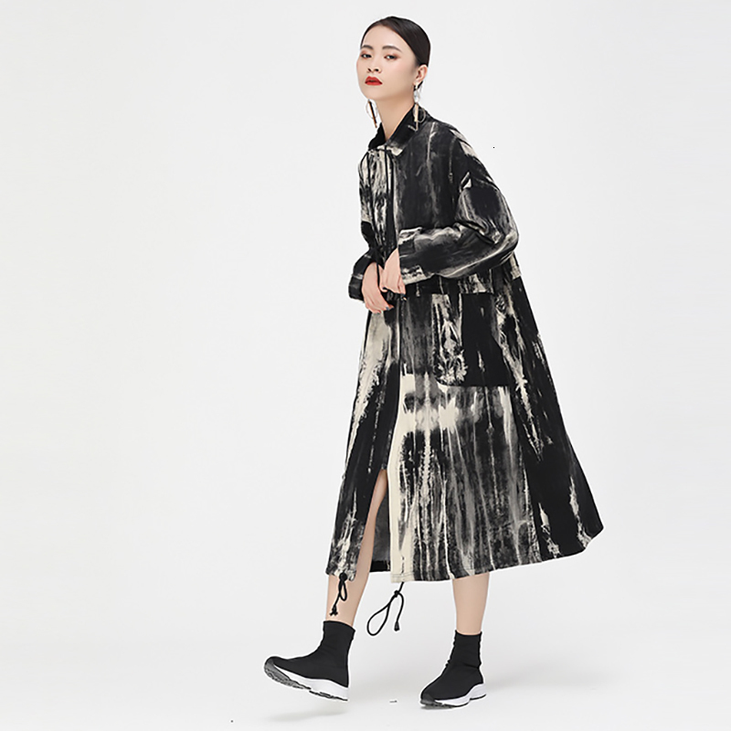 EAM Women Khaki Pattern Printed Big Size Long Trench New Stand Collar Long Sleeve Loose Windbreaker Fashion Spring 1D937 201111