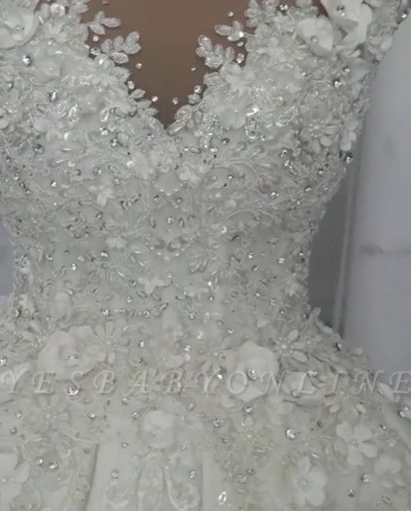 Gorgeous Scoop Crystal Ball Gown Wedding Dresses With Handmade Flowers Robe De Mariee Sheer Neck Long Bridal Gowns