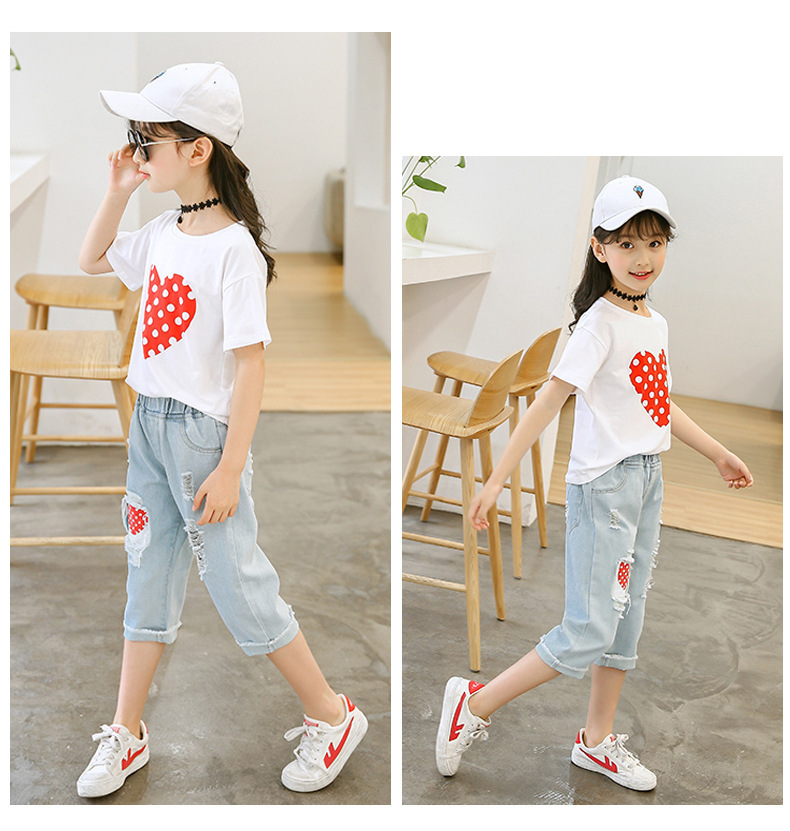 Kids Summer Clothes Set for Girl White T Shirt And Ripped Jeans Children Outfits 6 8 10 12 Years Girls Clothing SuitsX1019