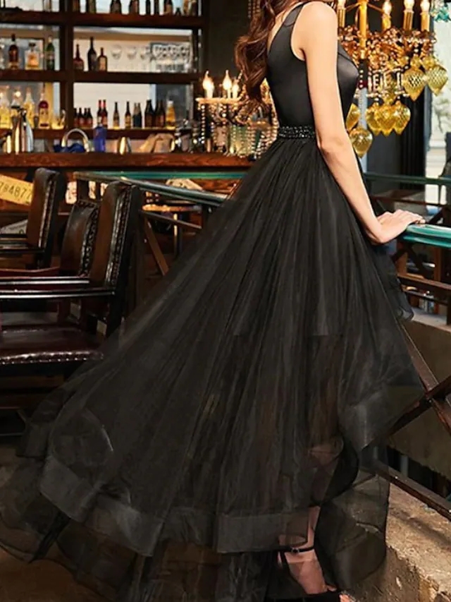 High Low Black Engagement Prom Dress V Neck Sleeveless Asymmetrical Tulle Beads Sash Formal Party Gown New Vestidos Fiesta Robe De Soiree 2022