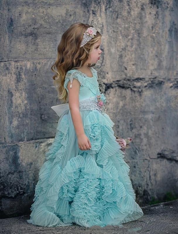 Long Dollcake Flower Girls Dresses For Beach Weddings Ruffled Kids Toddler Pageant Gowns Flowers Lace Brithday Party First Communion Dress