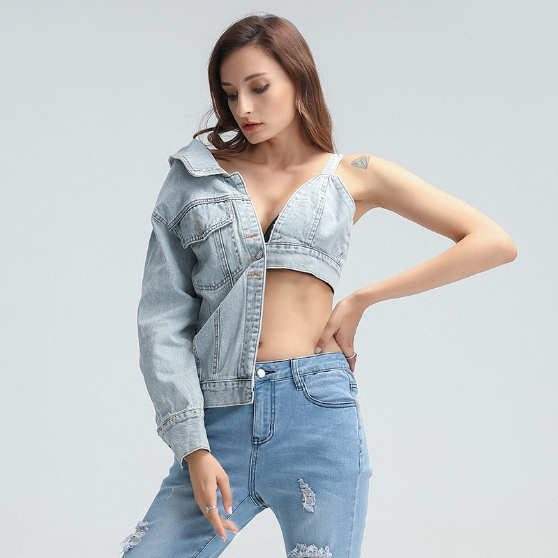 TWOTWINSTYLE Patchwork Asymmetrical Denim Women Coat V Neck One Off Shoulder Sexy Hollow Out Streetwear Coat Female Clothes 201029
