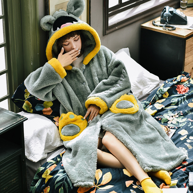 Women Kawaii Winter Robe With Hat Kimono Bathrobe Loose Autumn Nightgown Ears Hooded Sleepwear Bath Night Dress Gown For Girls 210203