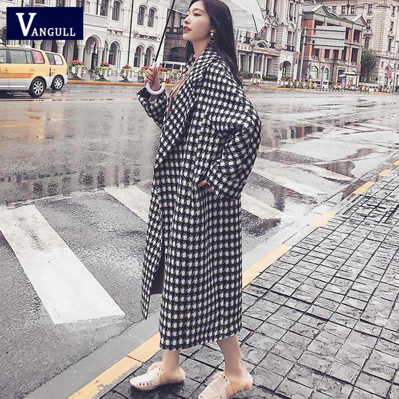 Vangull Winter Plaid Women Wool Coats Turndown Collar Loose Thick Long Jackets Women New Warm Black White Plaid Outerwear 201112