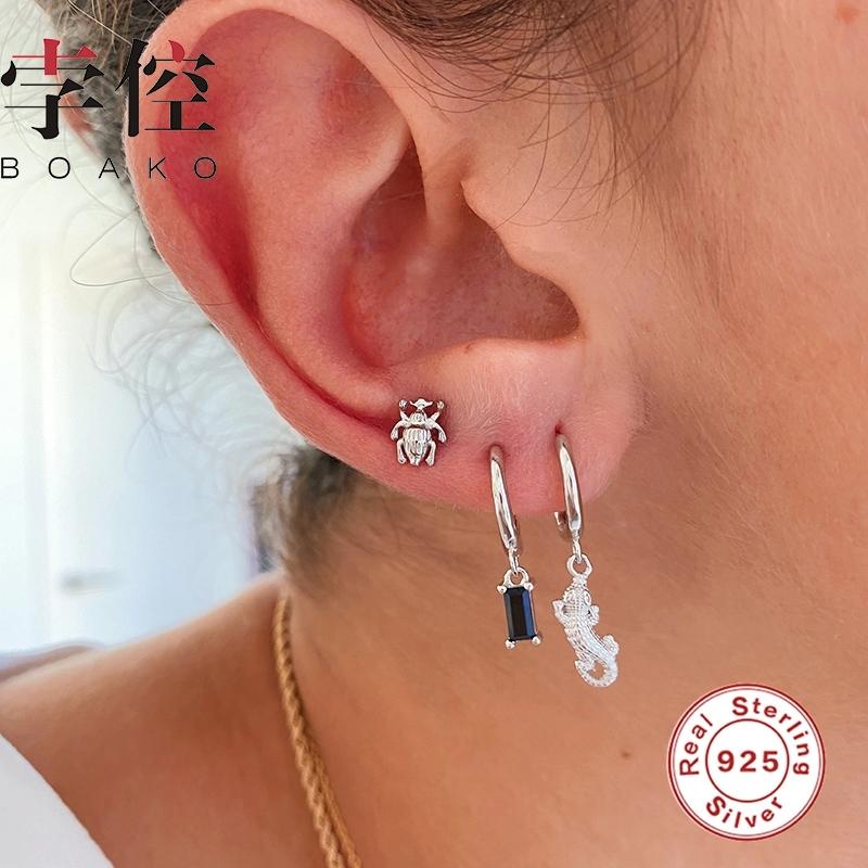 Hoop & Huggie BOAKO Earrings Hoops Kolczyki Damskie 925 Sterling Silver Rectangular Black Diamond Mini Pendientes Jewelry Brincos