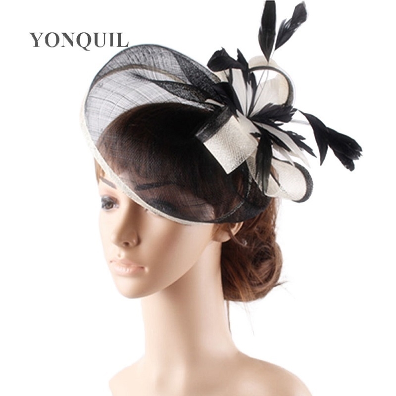 High quality 18 colors select cocktail hats sinamay base with feather flower fascinator hair accessories occasion wedding hats T200508