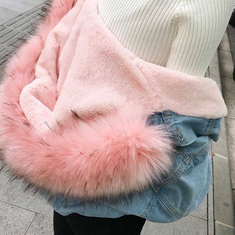 women jean jacket Winter Thick Jean Jacket Faux Fur Collar Fleece Hooded Denim Coat Female Warm Denim Outwea T200319
