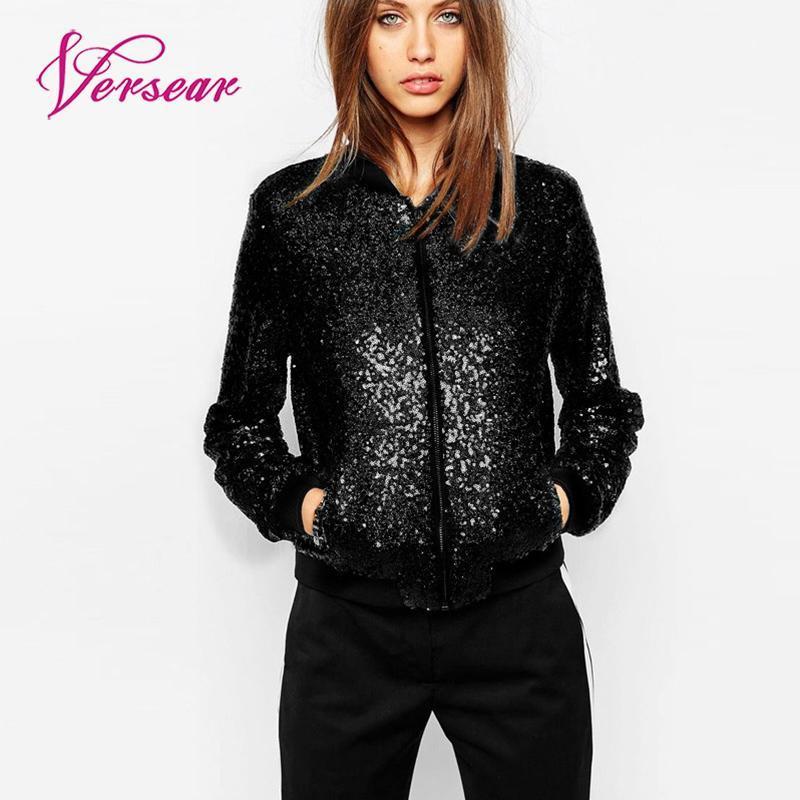 Versear Spring Autumn Women Sequin Coat Bomber Jacket Long Sleeve Zipper Streetwear Tunic Loose Casual Basic Lady Outwear 201017