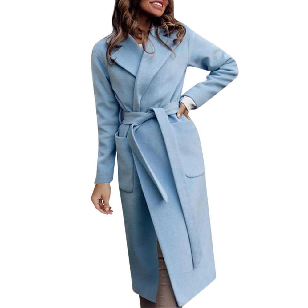 Women Wool Blend Warm Long Sleeve Coats Fashion Winter Casual Loose Outerwear Long Overcoat With Belt manteau femme hiver #2F T200114