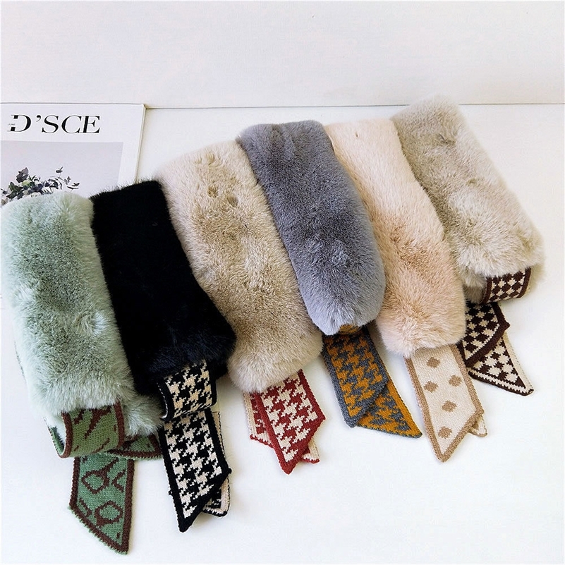 New Autumn Winter Houndstooth Fashion Crochet Knitted Scarf Foulard Femme Faux Fur Collar Neck Warmer Scarves for Women Y201007