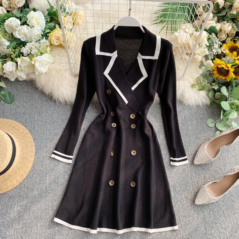 ALPHALMODA Retro Autumn Dress New Lapel Collar Longsleeved Dress Doublerow Buttondown Slim OL Casual Knit Dress T200416