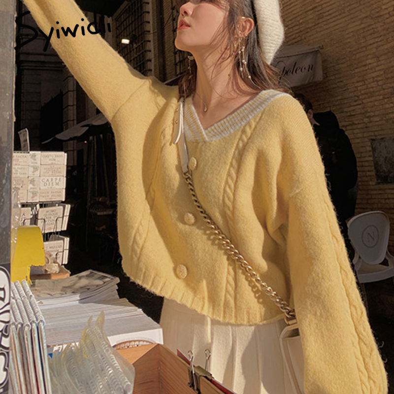 syiwidii oversize sweater women harajuku pullovers V-Neck knitted winter clothes women casual sweet preppy style korean top 201221
