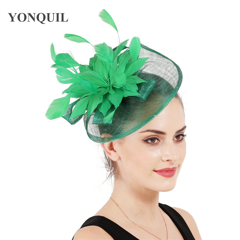 High quality 18 colors select cocktail hats sinamay base with feather flower fascinator hair accessories occasion wedding hats T200508