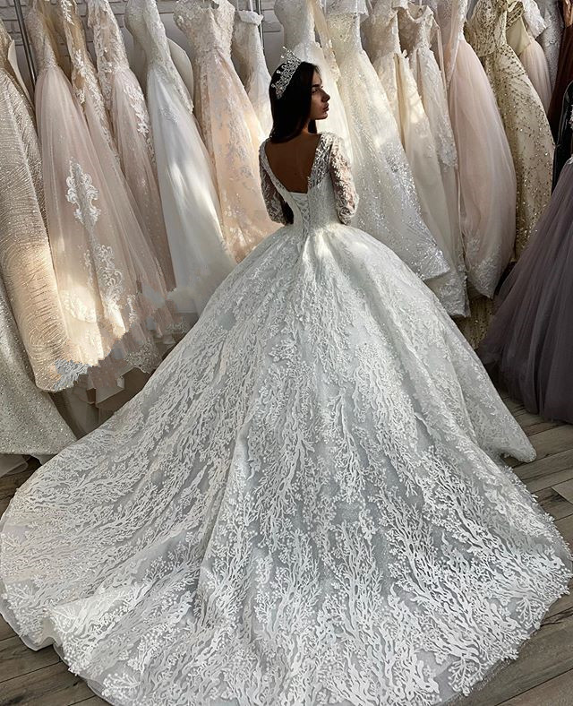 Robes De Mariée Ball Gown Wedding Dresses 2021 Luxury Lace Applique Lace-up Corset Back Chapel Train Long sleeve Princess Wedding Gown