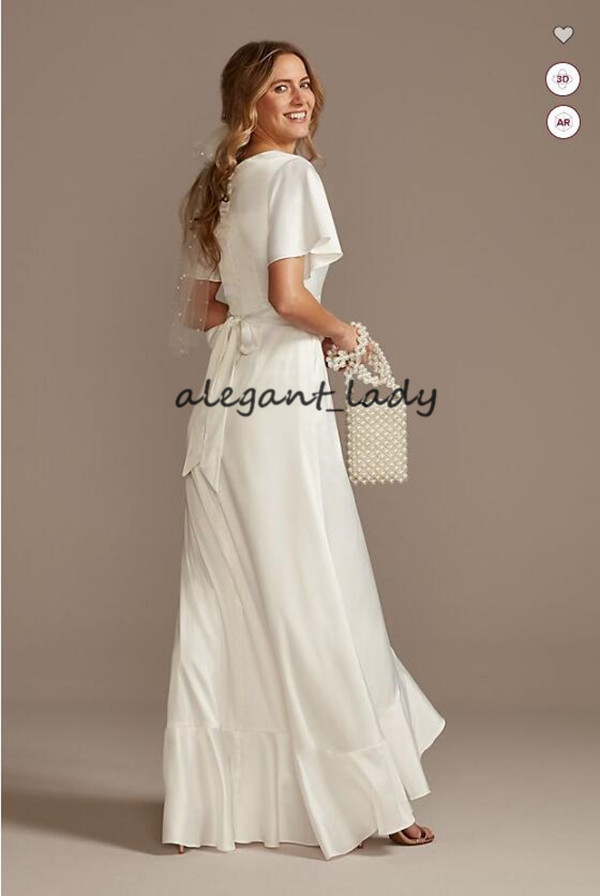 simple design bohemian wedding dresses with flutter sleeve 2021 vneck stretch satin dress with ruffle hem country bride gown