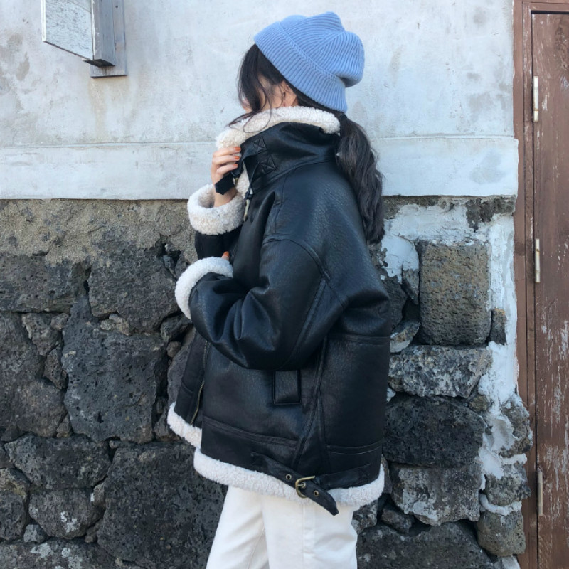 Women Faux Leather Fur Coats Sheep Leather Shearling Jackets Lady's Fashion Long Sleeve Zipped Outerwear Fall Winter Warm Coat 201030
