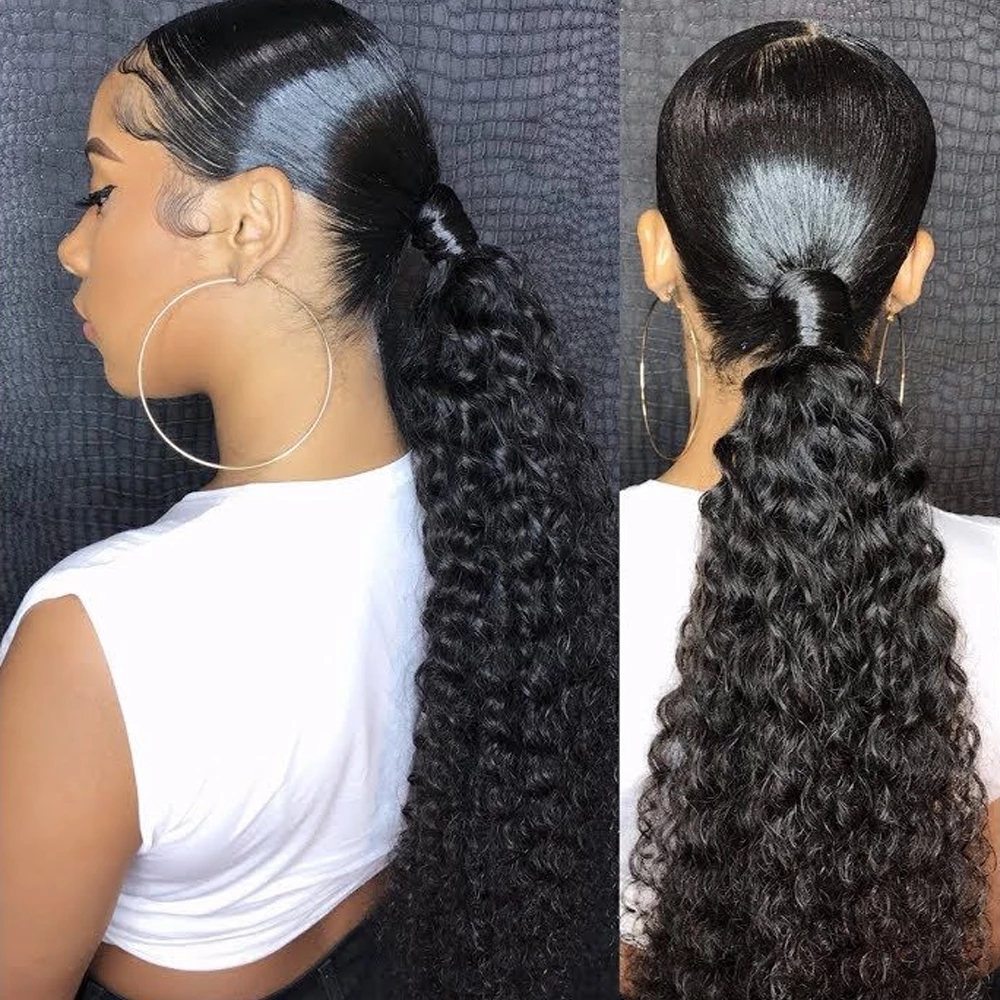 Long Ponytail Human Hair Machine Remy Brazilian deep wave Curly Ponytail Hairstyles 100% Natural Hair Clip in Extensions natural color