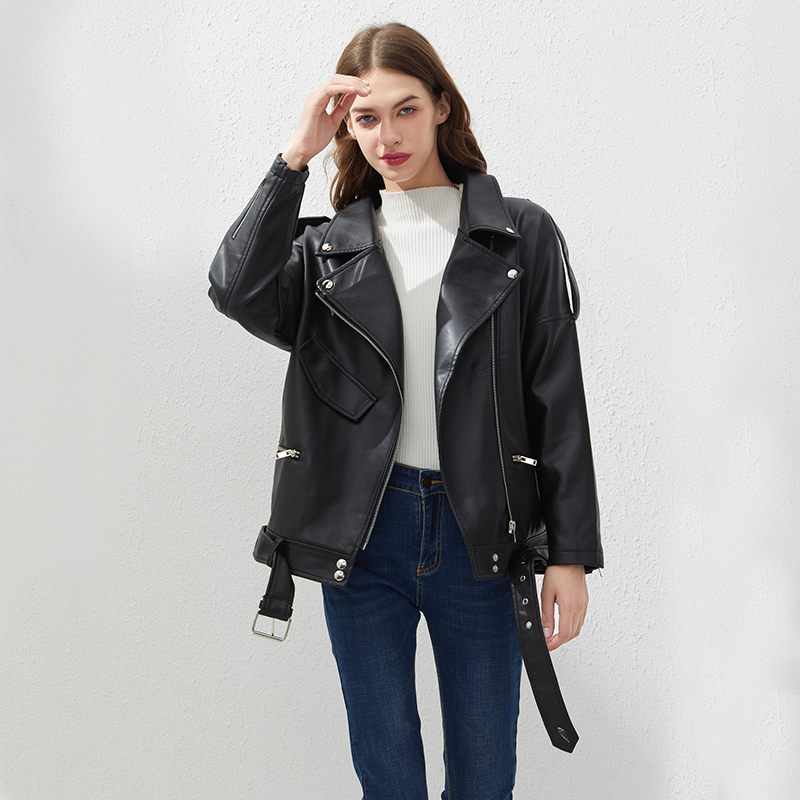 Fitaylor PU Faux Leather Jacket Women Loose Sashes Casual Biker Jackets Outwear Female Tops BF Style Black Leather Jacket Coat 201226