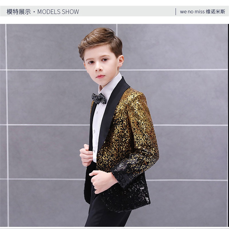 two pieces children suits boys bling gold sequins stage models handsome british fashion style catwalk costumes boy coatpant