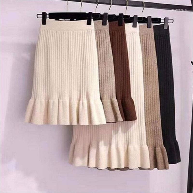 Ladies Elastic Band Women Skirts Autumn Winter Warm Office Knitted Bodycon Straight Skirt Ruffles Ribbed Mid-Long Skirts Female1, Khaki 60cm