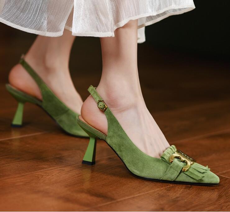Green Black Slingbacks Tassel Fringe Gold Metal Buckle High heeled Shoes Summer Sheepskin Lady Pumps Women Dress Shoes
Green Black Slingbacks Tassel Fringe Gold Metal Buckle High heeled Shoes Summer Sheepskin Lady Pumps Women Dress Shoes