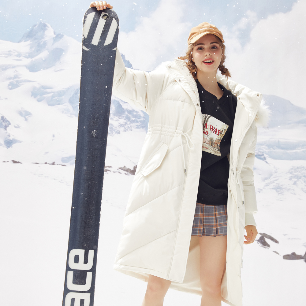 Metersbonwe Long Warm Down Jacket Women Winter Portability Warm 80% White Duck Down Winter Fur collar Hooded Female Down Coat 201019
