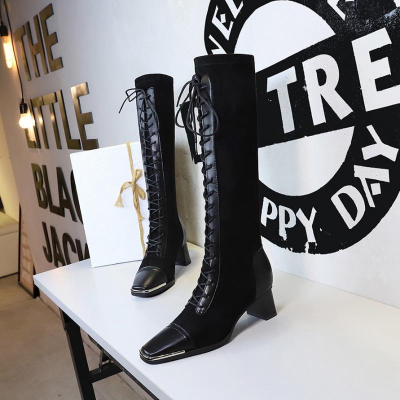 Sexy Nightclub Knee High Boots Women Metal Decoration Square High Heels Female Front lace-up Suede Stitching Shoes Fashion Pumps, Black velvet lining
Sexy Nightclub Knee High Boots Women Metal Decoration Square High Heels Female Front lace-up Suede Stitching Shoes Fashion Pumps, Black velvet lining