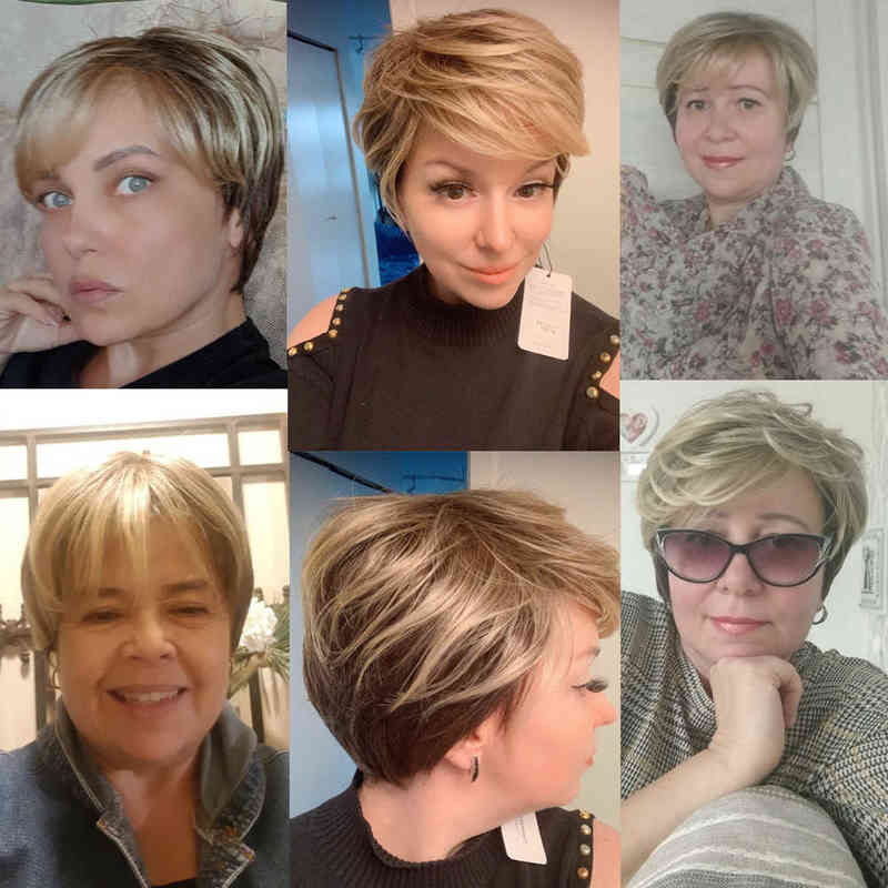 Hairpiece Henry Margu Dark Root Ombre Brown Blonde Short Hair Wigs Fluffy Pixie Cut Synthetic Wig for Black White Women Heat Resistant 0121