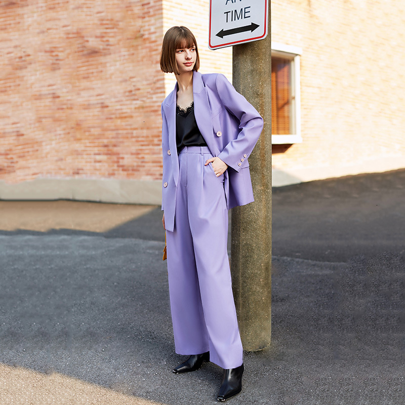 EAM Loose Fit Brief Purple Double Breasted Jacket Lapel Long Sleeve Women Coat Fashion Spring Autumn 1H090 201026