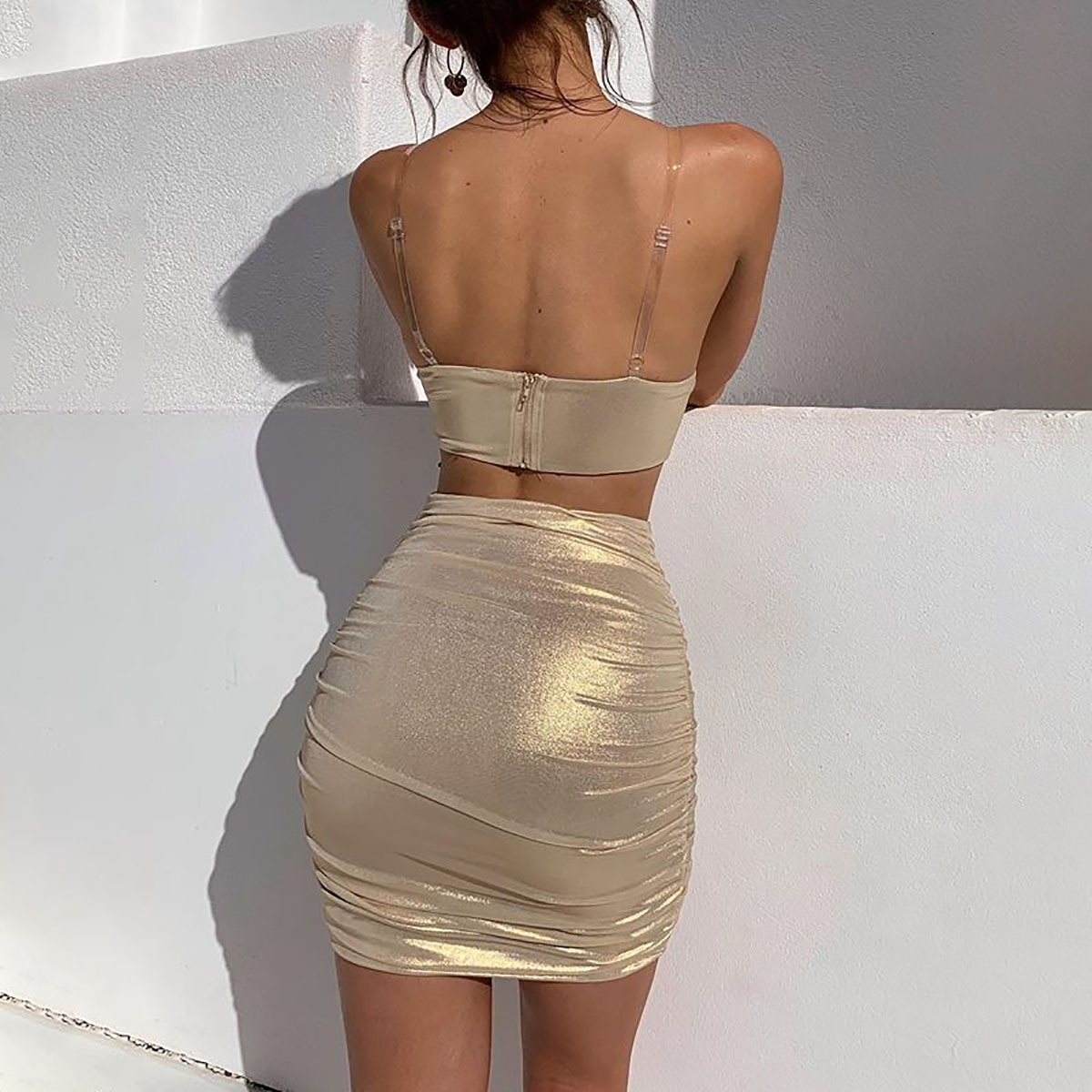NATTEMAID Summer Pleated Gold Sexy Two Piece Set Top And Skirt Nightclub Sexy Women Set Ladies 2 Piece Set Women Outfits T200325