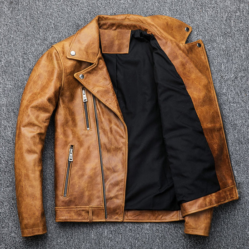 MAPLESTEED Natural Oil Wax Calf Skin Jackets Men Leather Jacket Thick Turn Down Collar Yellow Brown Men's Skin Coat Winter M098 201128