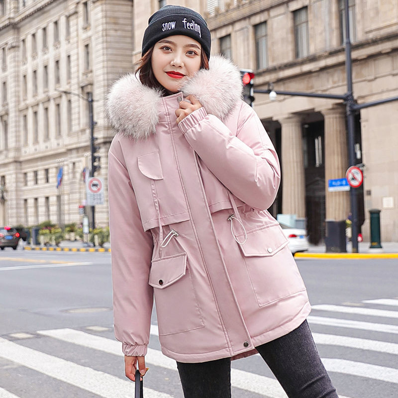 Fashionable Warm Cotton Liner Hooded Down Parkas Coat Winter Jacket Women Adjustable Waist Fur Collar Jacket Parka New 201103wtt