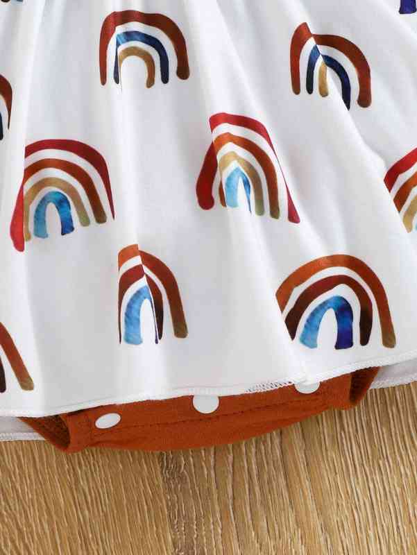 Baby Rainbow Print Ruffle Sleeve Bow Front Combo Bodysuit Dress SHE