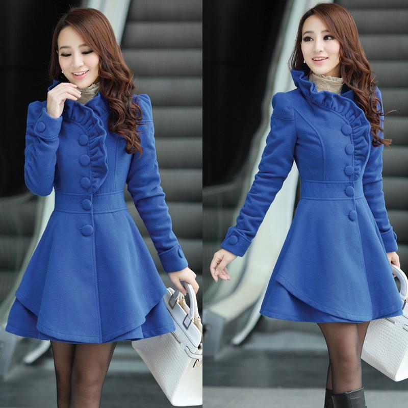 Plus Size Autumn woolen coat fashion windbreaker jacket women self-cultivation lotus leaf lace long coat Outwear female 3XL 201111