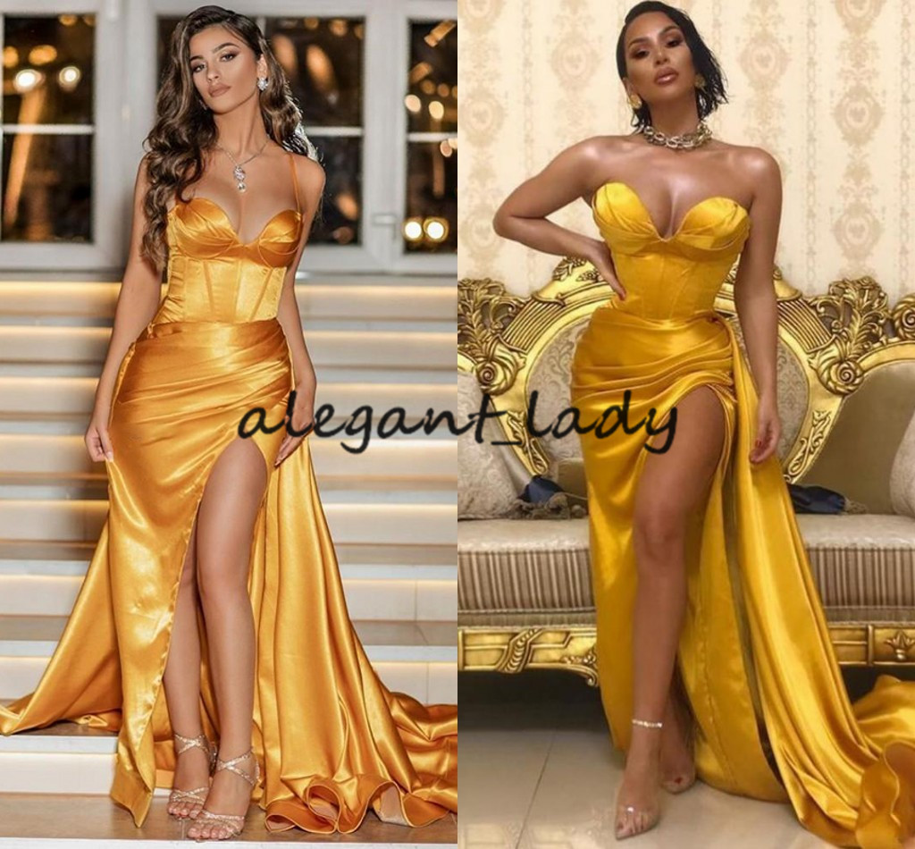 2021 Gold Sweetheart Prom Dresses Satin Long Evening Gown mermaid Sexy High Split Dubai Party Dress Formal Gowns Abendkleider