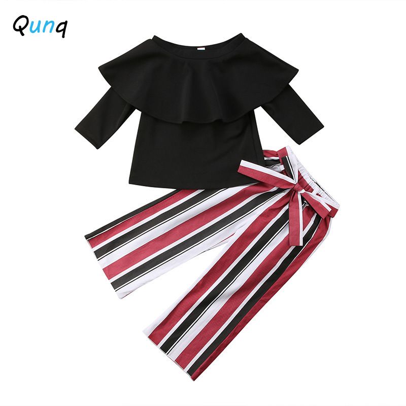 Girls Clothes European and American Fashion Style Kids Suits for Girls Spring Fall Ruffle Striped Children Clothing SetX1019
