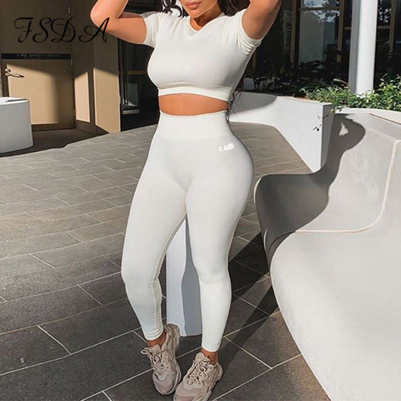 FSDA Summer Sport Set Women Short Sleeve Crop Top Reflective And Long Pants Tracksuit Two Piece Sets Streetwear Outfit 201104