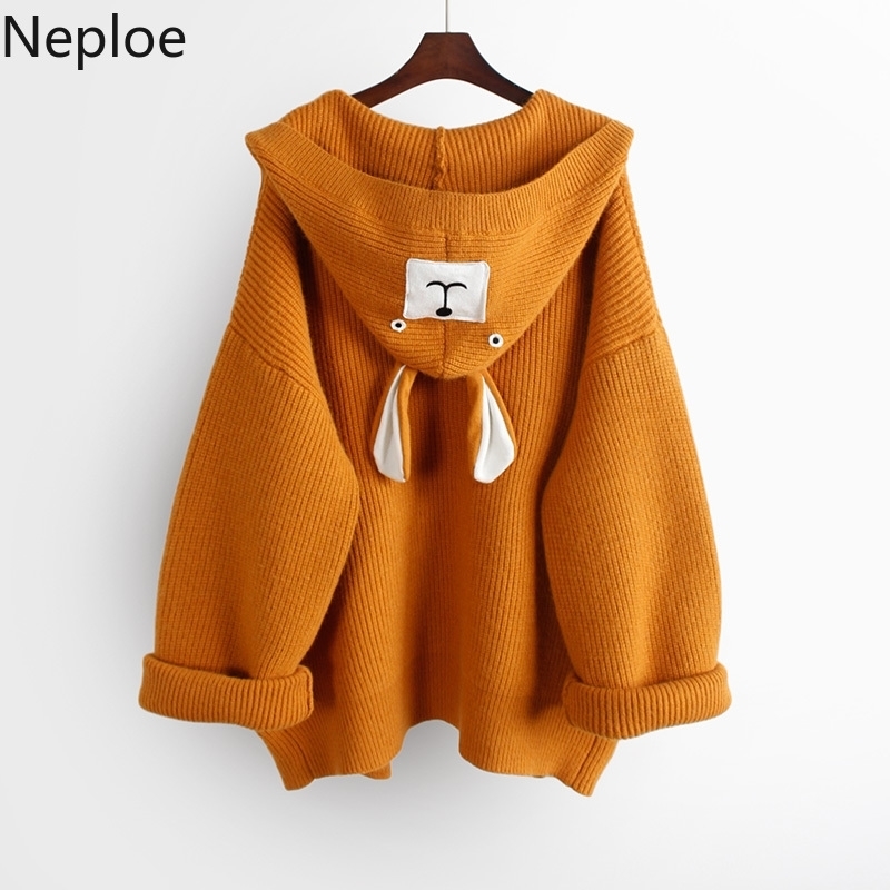 Neploe Women Hooded Cardigan Sweater Cartoon Applique Loose Medium-long Knitwear Coat Autumn Winter Knit Open Stitch 55403 201030