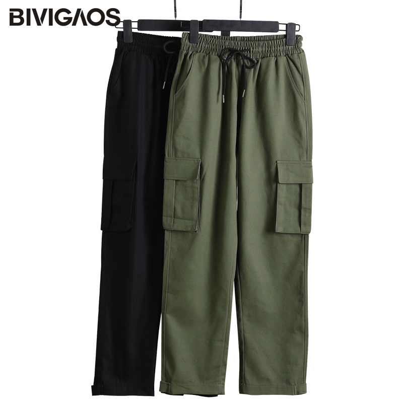 BIVIGAOS New Women Harajuku Stylish Cargo Pants Korean Overalls Trend Fashion Casual Slim Harem Pants MAGIC TAPE Ninth Pants 201109