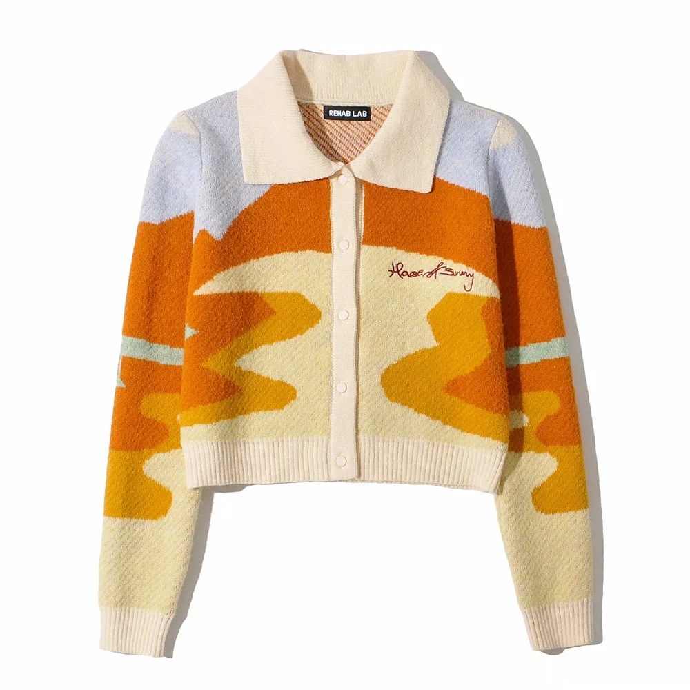Letter Embroidery Harajuku Knitted Single Breasted Cropped Cardigan Women Autumn Long Sleeve Turn Down Collar Sweater Coat 201221