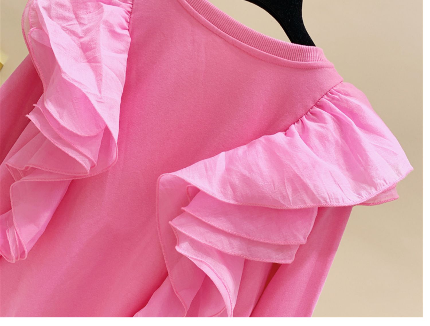 New design womens pink color o-neck long sleeve loose gauze ruffles patchwork cute sweatshirt pullover hoodies SMLXL