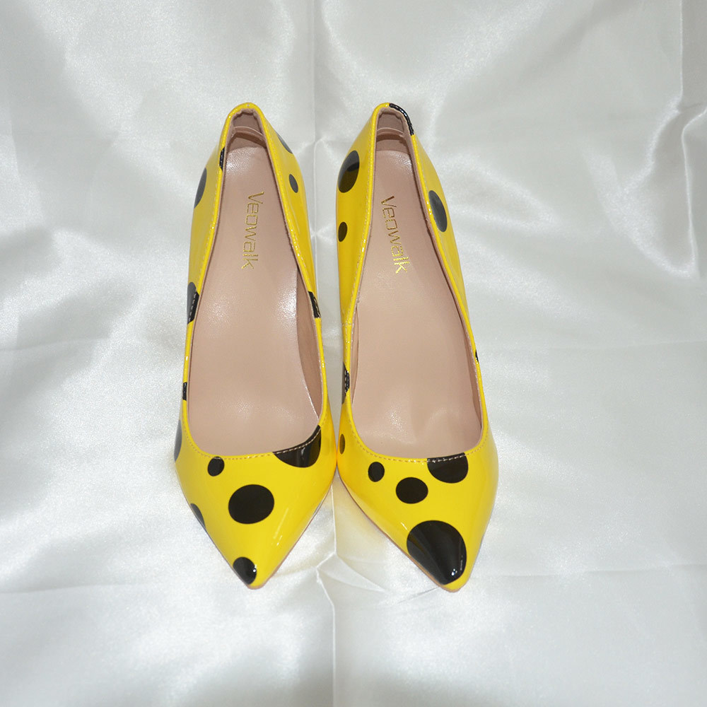 Veowalk Black Polka Dots Women Yellow Stilettos High Heels Ladies Fashion Slip On Pumps Club Party Dress Shoes Color Customized LJ201112