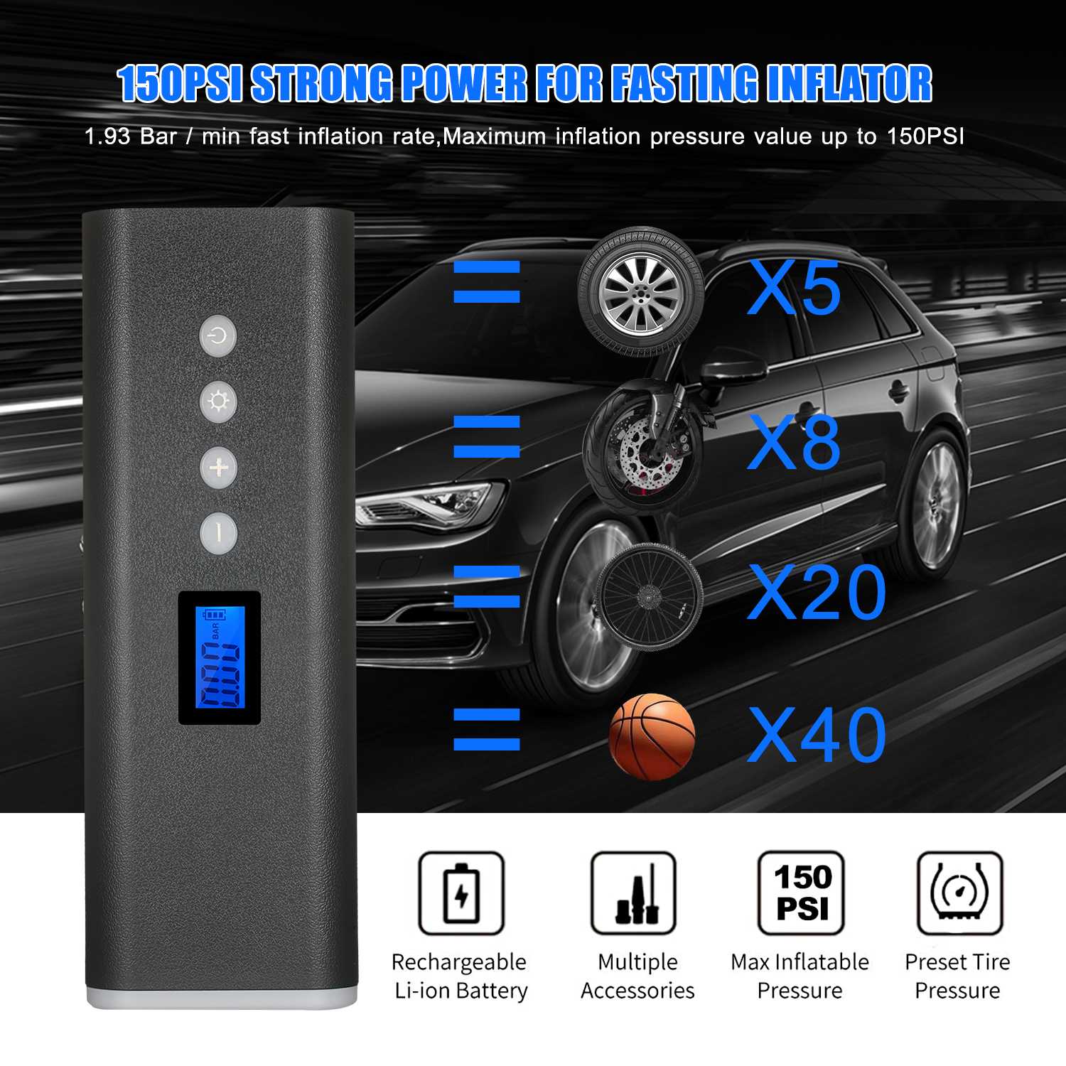 Portable Tire Inflator Air Compressor Hand Held Tire Pump 150PSI 2000mAh LCD Display with LED Light For Car Bicycle Tires Ball
Portable Tire Inflator Air Compressor Hand Held Tire Pump 150PSI 2000mAh LCD Display with LED Light For Car Bicycle Tires Ball