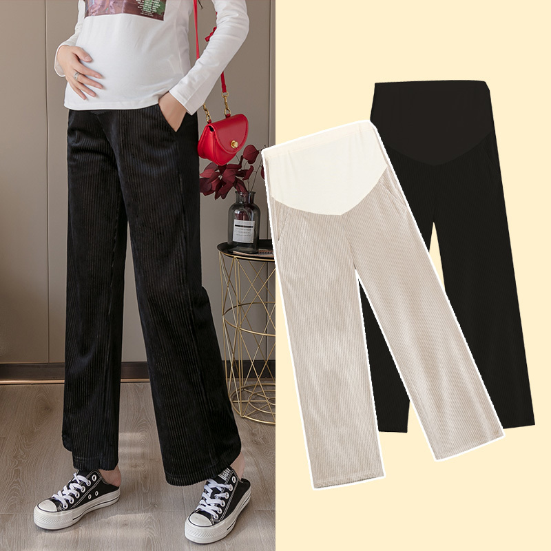 988# Autumn Winter Thick Corduroy Maternity Pants Wide Leg Loose 9/10 Belly Pants Clothes for Pregnant Women Pregnancy Trousers LJ201120