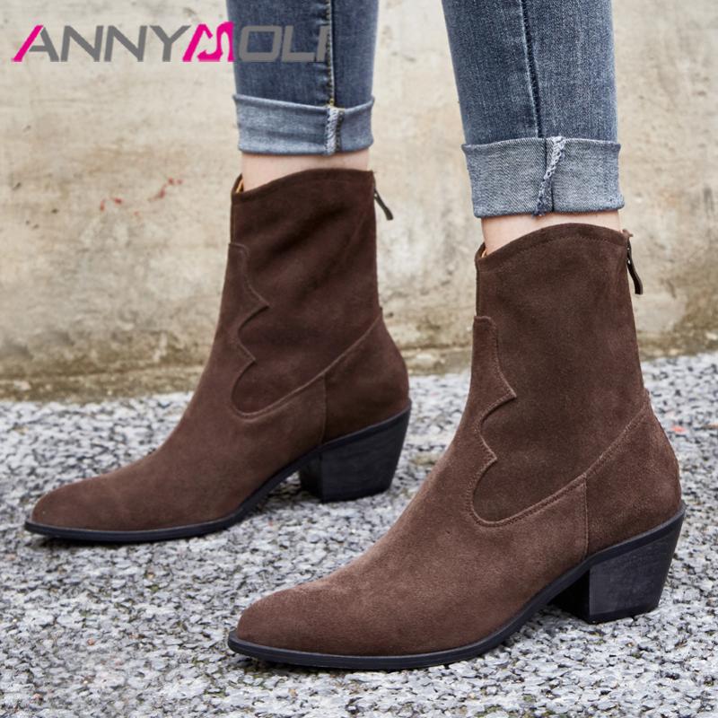 ANNYMOLI Real Leather High Heel Ankle Boots Cow Suede Women Shoes Pointed Toe Block Heel Zipper Short Boots Ladies Autumn Brown
ANNYMOLI Real Leather High Heel Ankle Boots Cow Suede Women Shoes Pointed Toe Block Heel Zipper Short Boots Ladies Autumn Brown