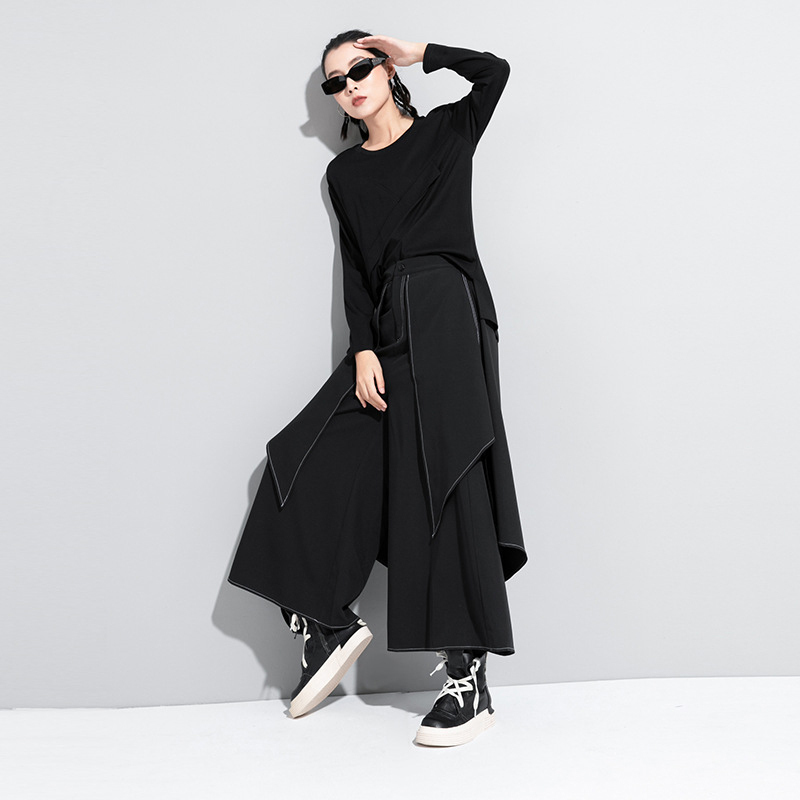 EAM High Waist Black Linen Split Joint Long Wide Leg Trousers Loose Fit Pants Women Fashion Spring Autumn 1DA613 201228