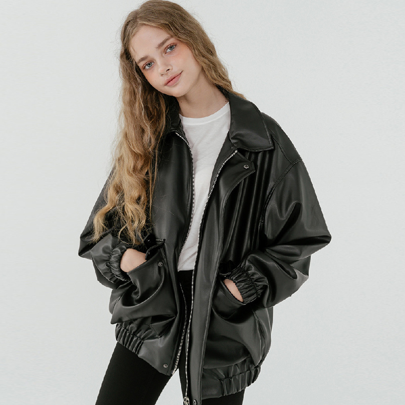 Lautaro Oversized leather jacket women long sleeve zipper turn down collar Loose black plus size faux leather jackets for women 201226