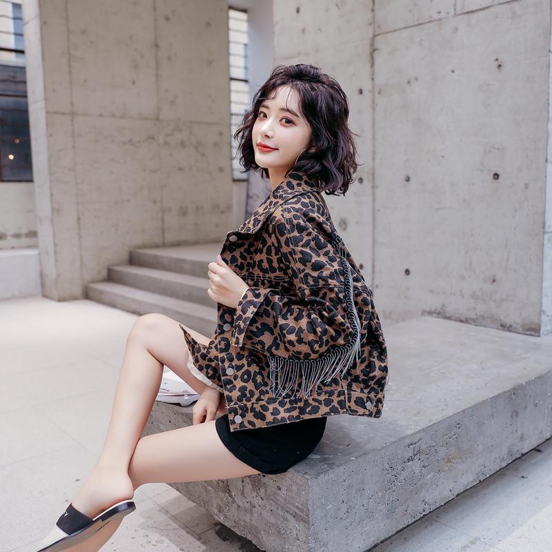 Vintage Leopard Print Jean Jacket Women tassel bat Long Sleeve Bomber Jackets Casual Spring Autumn Loose Short Denim Coat 201017